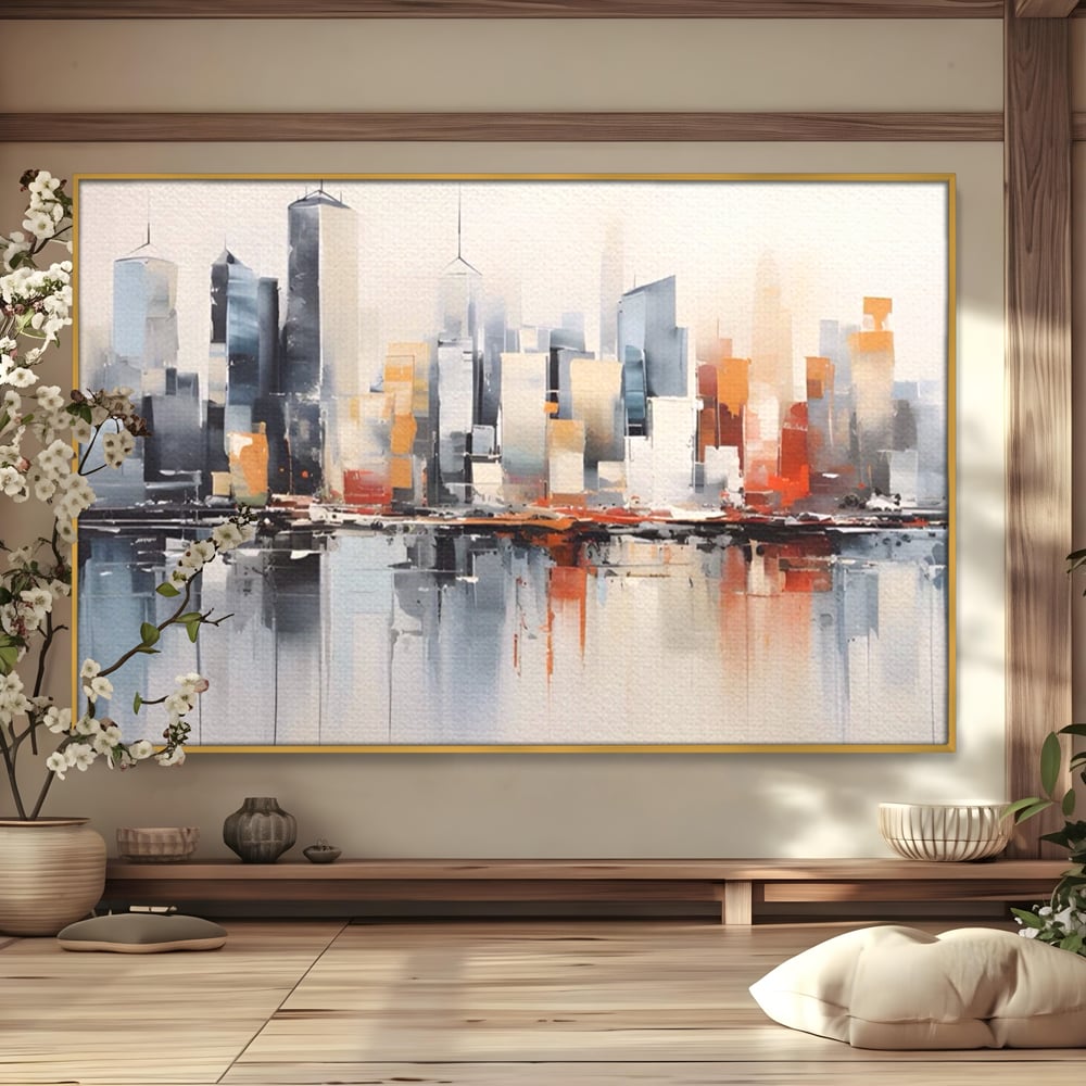 Tablou canvas cu tablou canvas cu peisaj urban abstract, in rama de aluminiu auriu